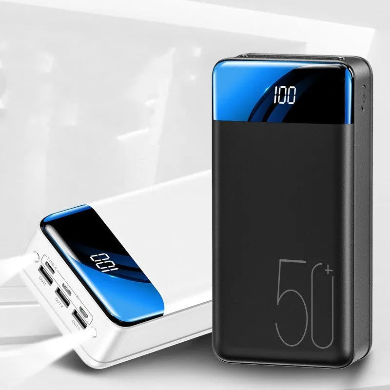 Black large capacity 50000mah portable power bank showing three output USB ports and three input charging ports on side