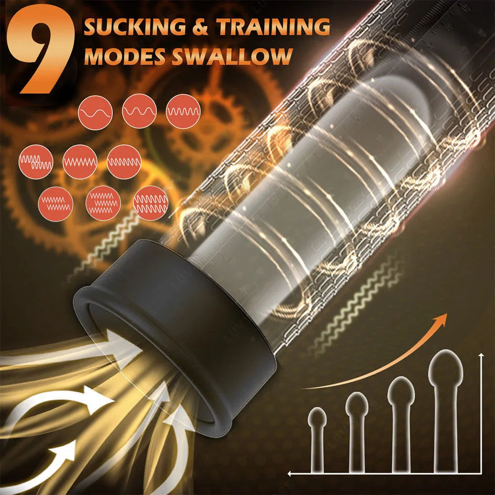 Electric pump unit for a male training masturbation device made from black ABS and TPE materials.