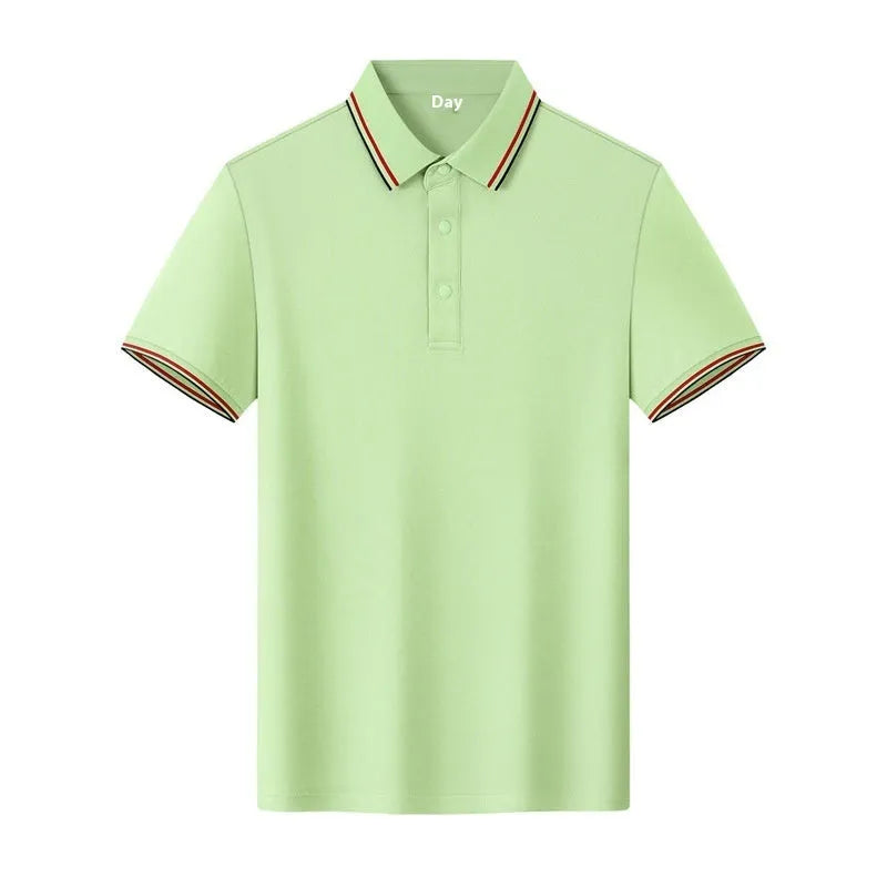 Men's solid colour cotton lapel-collar t-shirt on hanger, showing short sleeves and straight cut.