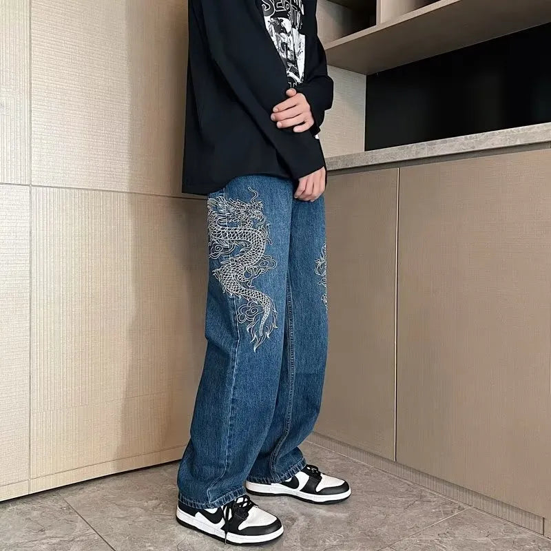 Men's loose embroidered jeans in Golden Dragon colour, made from polyester cowboy fabric, three-dimensional tailoring, size S to 3XL