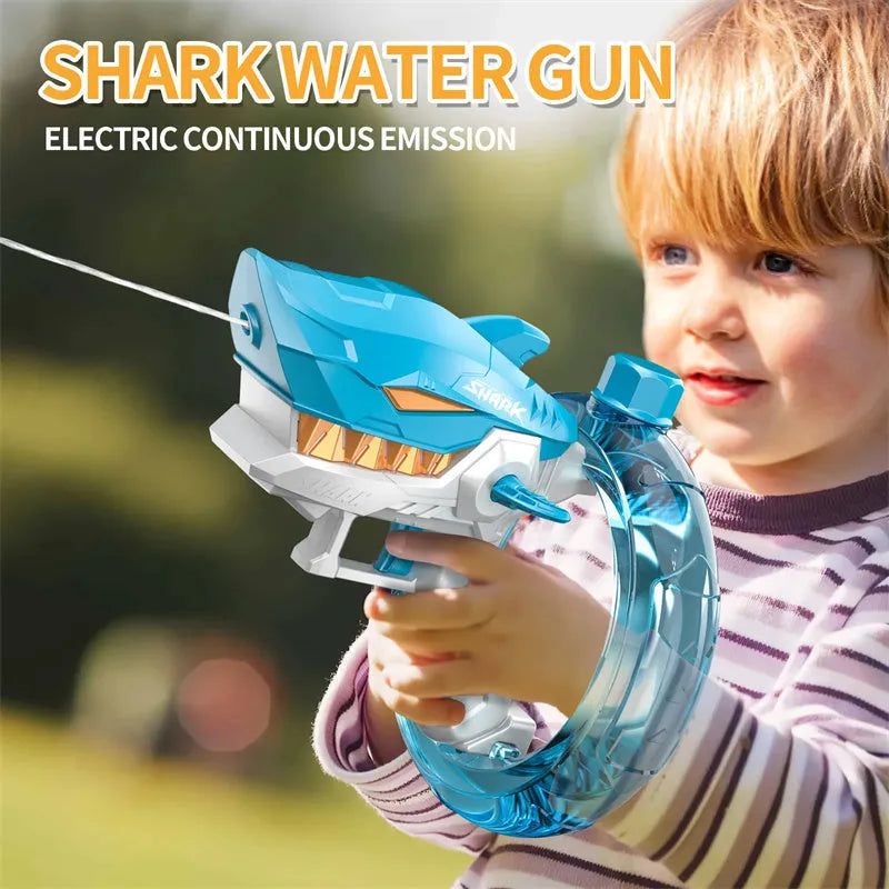 Blue electric shark water gun toy with automatic continuous fire system for outdoor summer water play