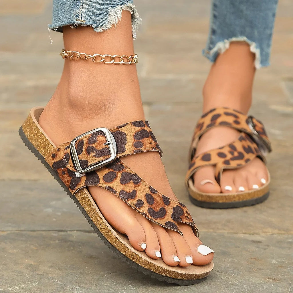 Women's leopard print Roman style slippers with round toe and wooden sole