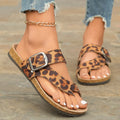 Women's leopard print Roman style slippers with round toe and wooden sole