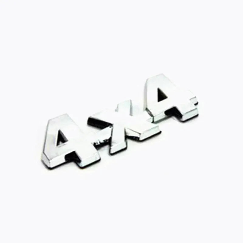 Metal 4x4 off-road rear car badge in electroplated silver finish measuring 9cm by 3.5cm