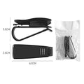 Black plastic car sunshade clip for holding glasses and cards, measuring 6.5 by 2.3 centimetres.