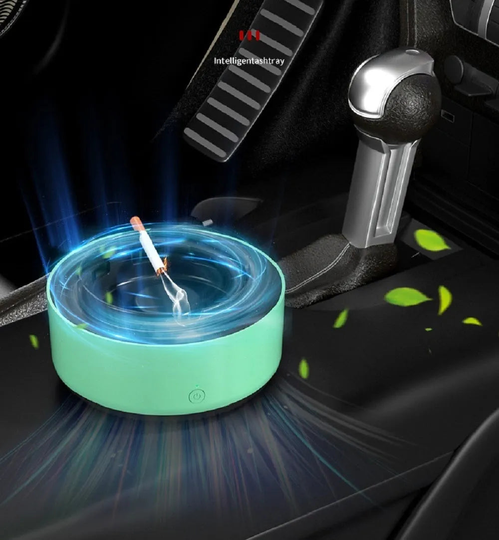 Grey electronic air purifier ashtray with cigarette butt grooves and air filtration system