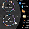 Two natural stone beaded bracelets for zodiac signs on a stretch cord, showing 8mm bead size.