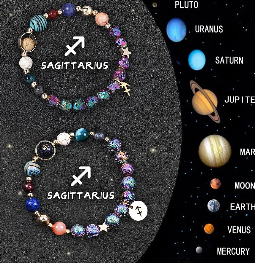 Two natural stone beaded bracelets for zodiac signs on a stretch cord, showing 8mm bead size.