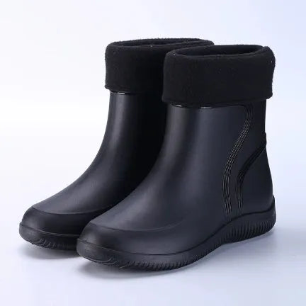 Men's waterproof mid-top rain boots with PVC upper and non-slip plastic sole in British style with tassel detail
