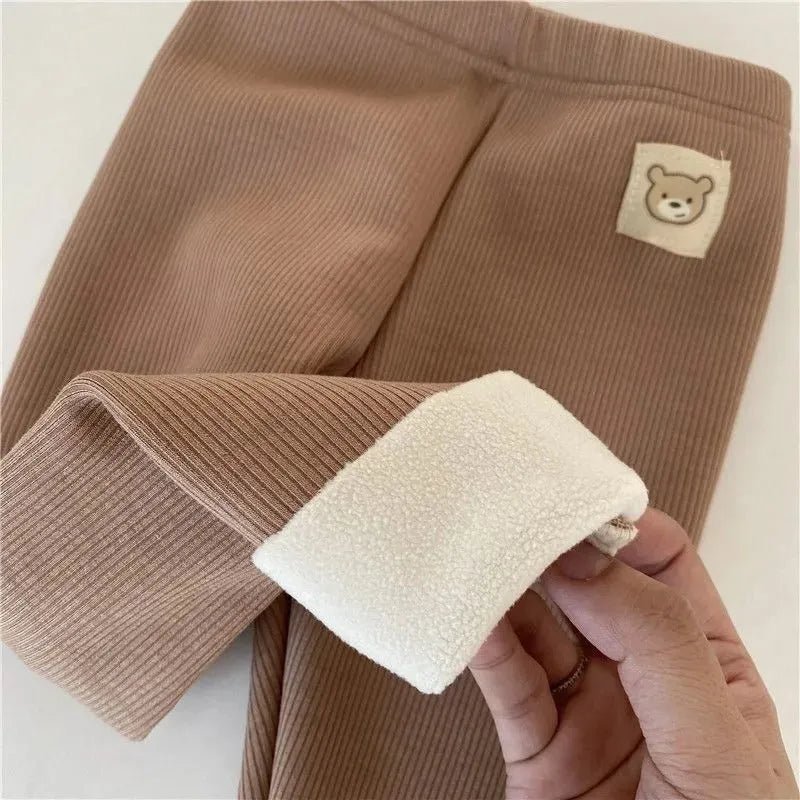 Girls' single-layer fleece-lined leggings with wool lining in beige, high waist design with hair band belt