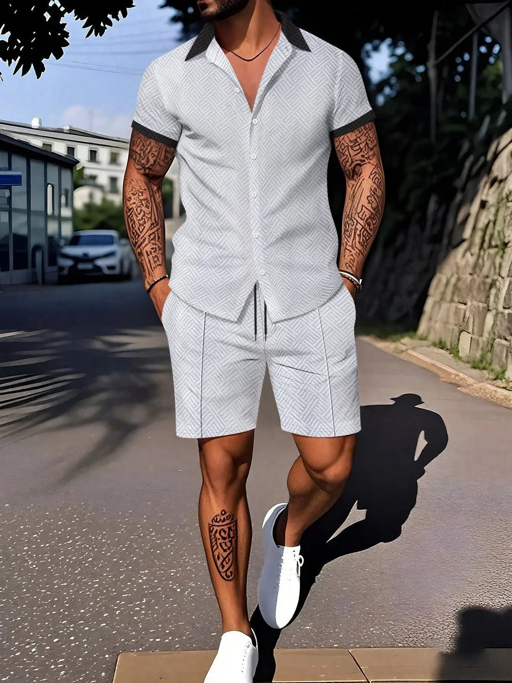 Man wearing a digital print short sleeve top and matching shorts from a casual suit set.