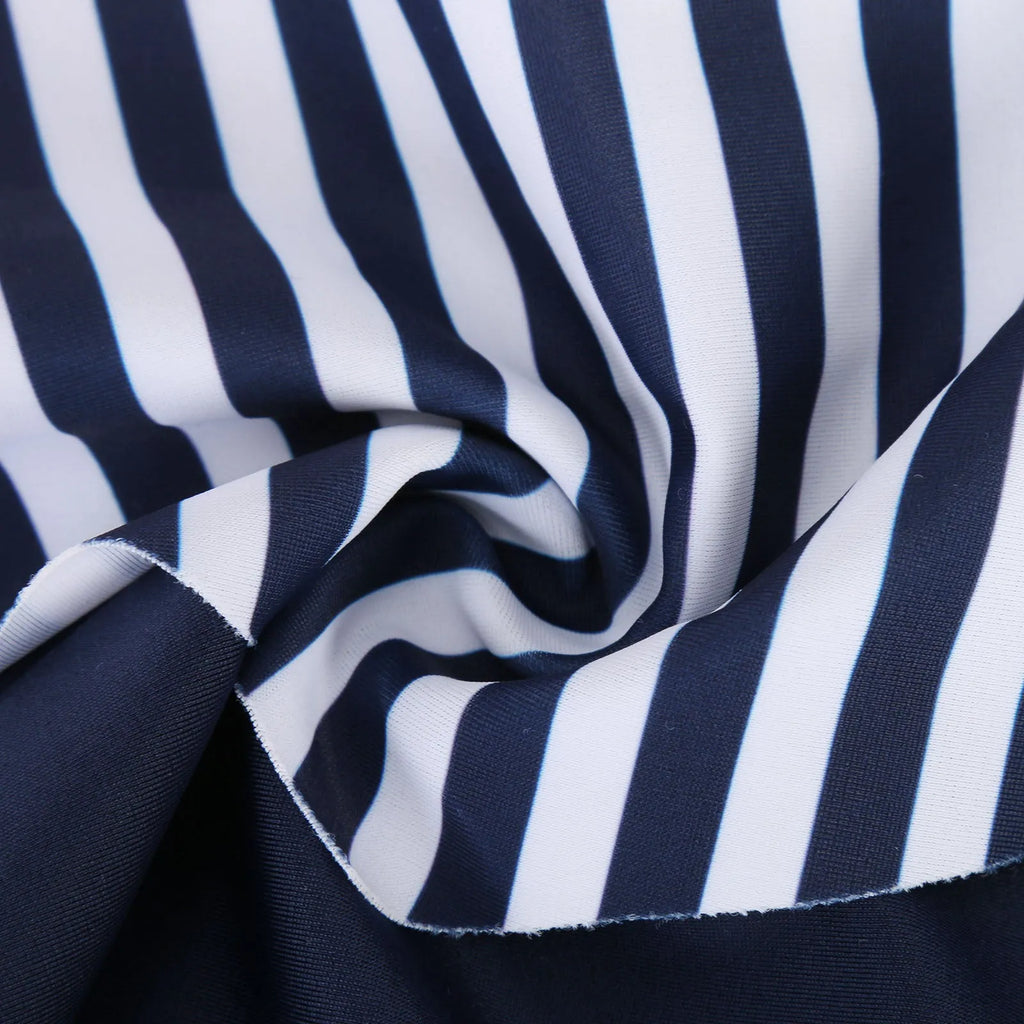 Ladies striped boyshorts swimsuit with a conservative cut and a fashionable split-front detail.