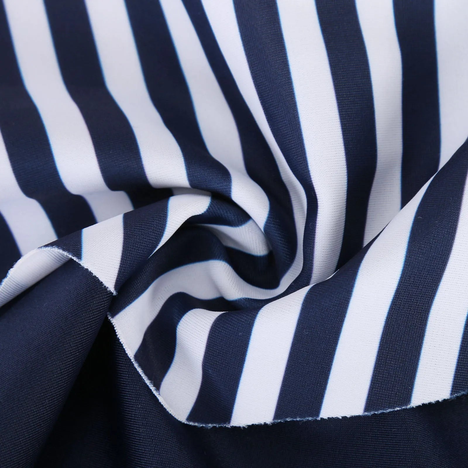 Ladies striped boyshorts swimsuit with a conservative cut and a fashionable split-front detail.