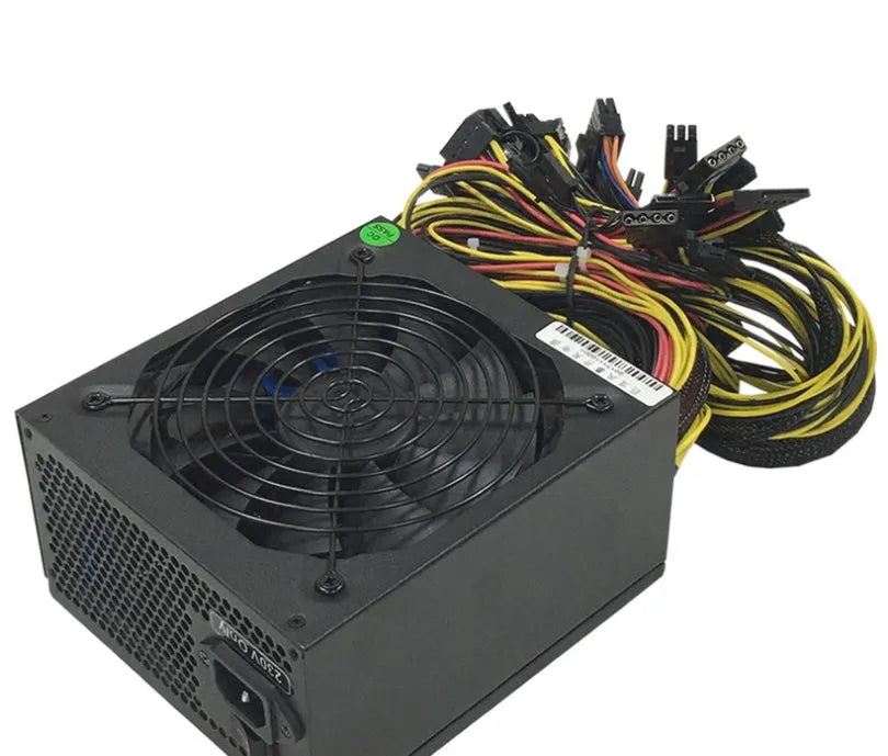 Black high-wattage computer server power supply unit with multiple cable connectors.