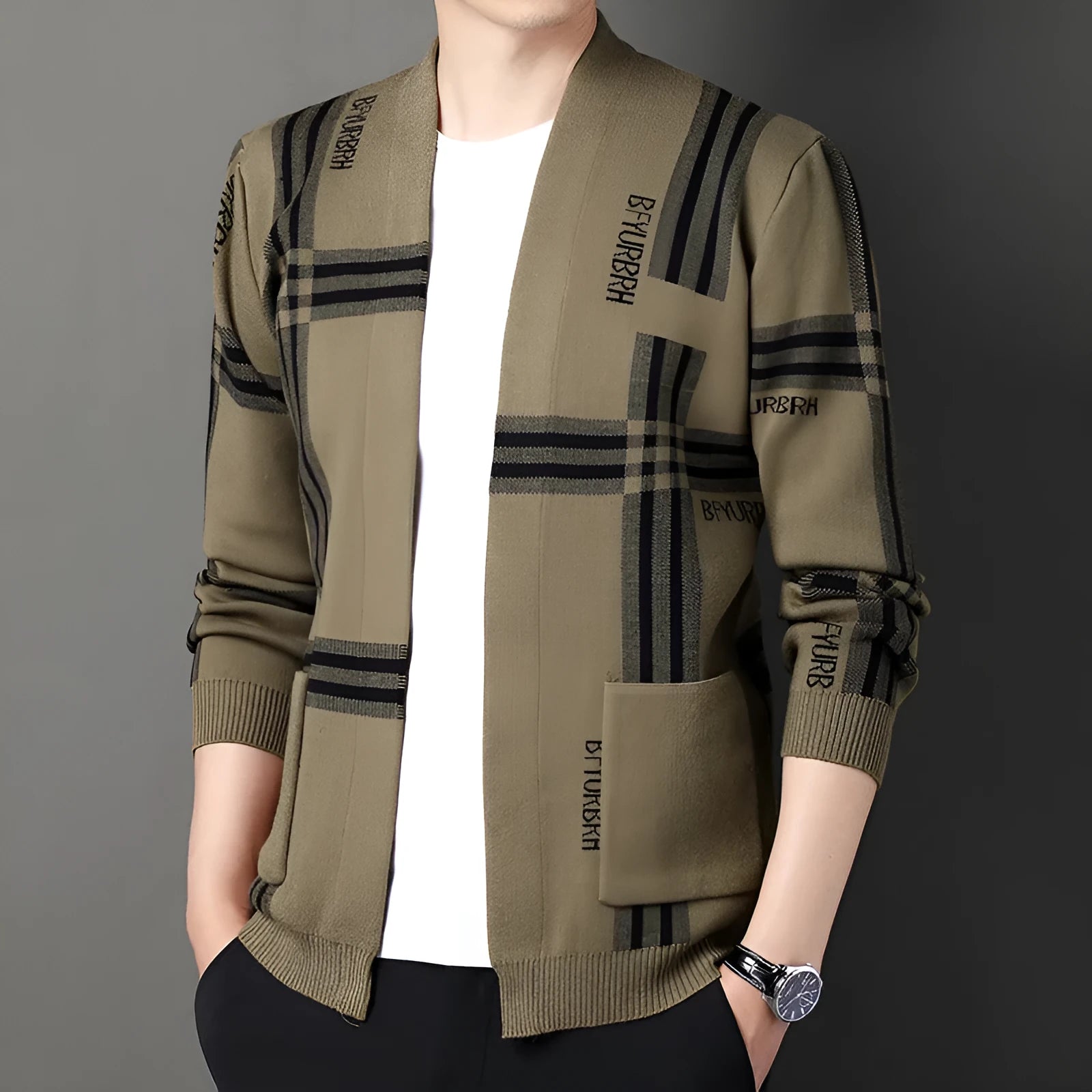Men's long-sleeve knitted cardigan coat in camel colour, slim fit, side view on mannequin