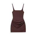 Mercerised cotton hooded sleeveless sheath dress in brown with stripe and plaid pattern and pleated asymmetric hem front view