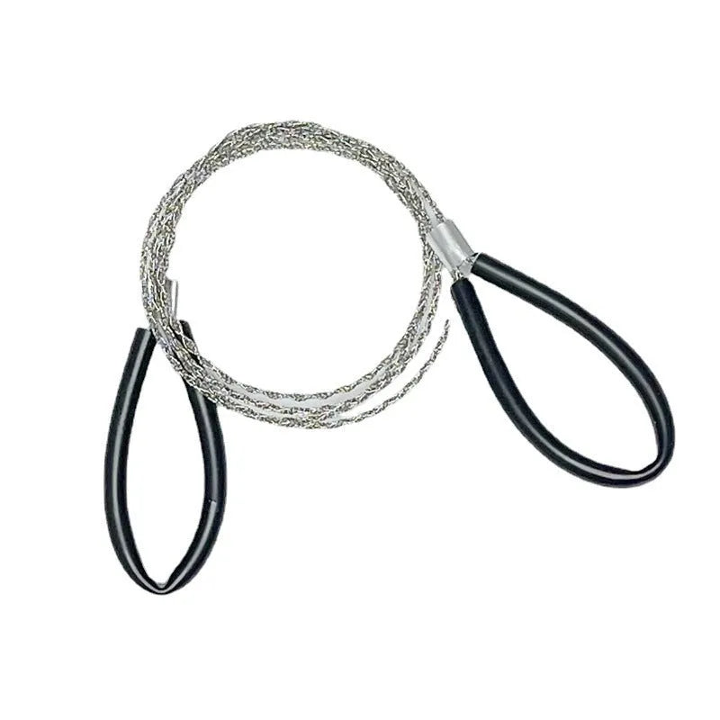 Close-up of a black and red stainless steel survival wire saw coiled in its storage bag.