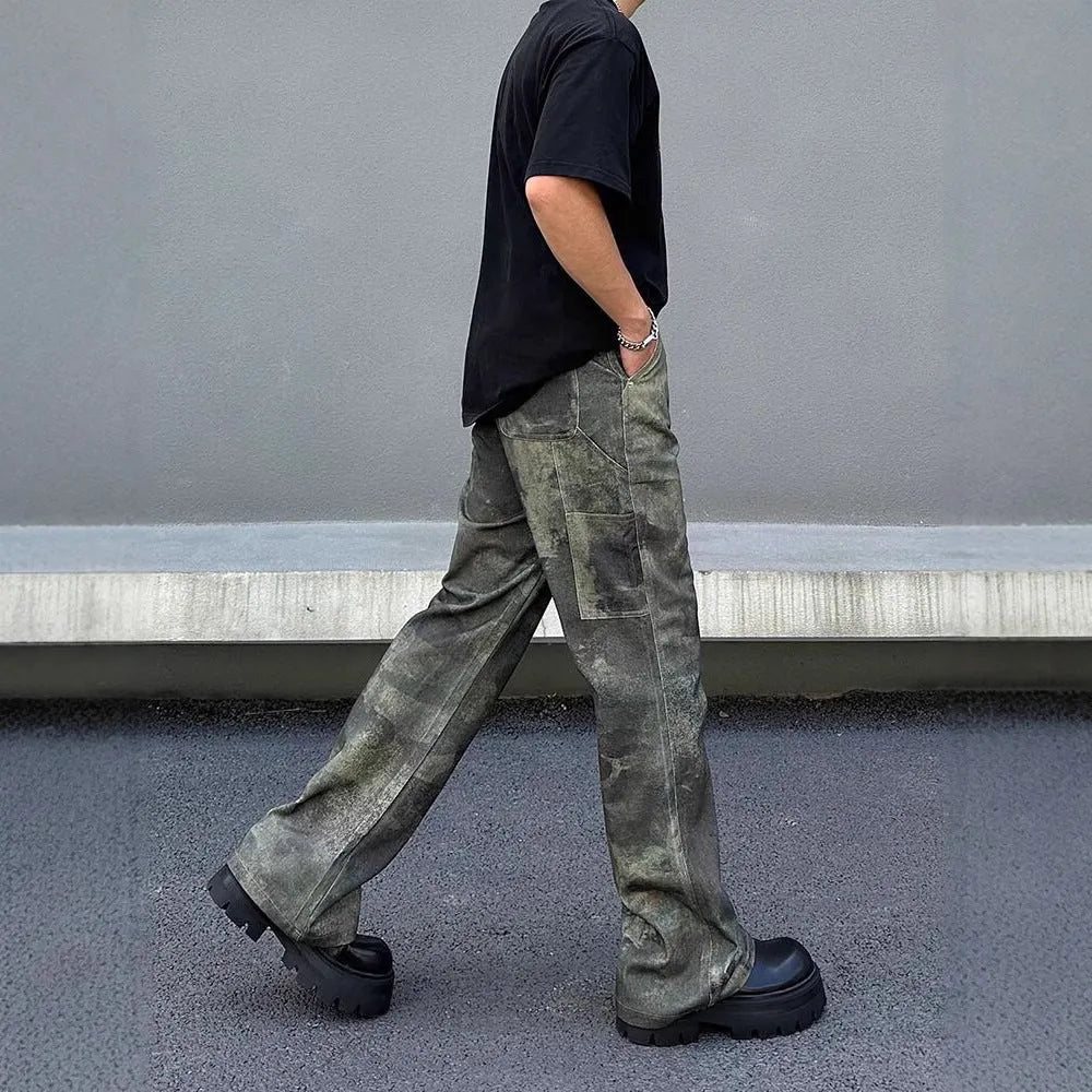 Men's straight-leg jeans with digital camouflage pattern in picture colour, showing mid-waist design and cotton denim fabric