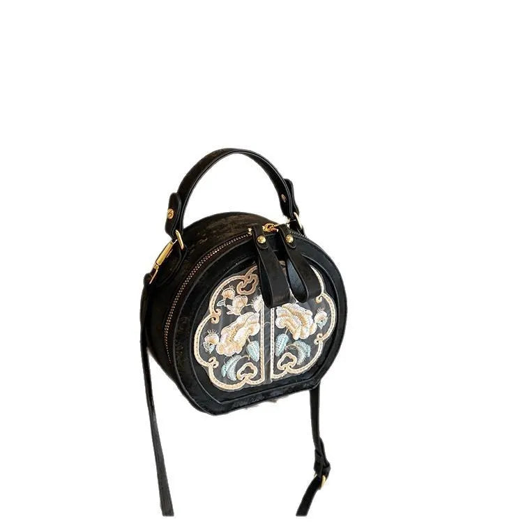 Chinese embroidery handbag in soft PU, shoulder messenger bag, horizontal square shape, Black colour, upper width 18cm