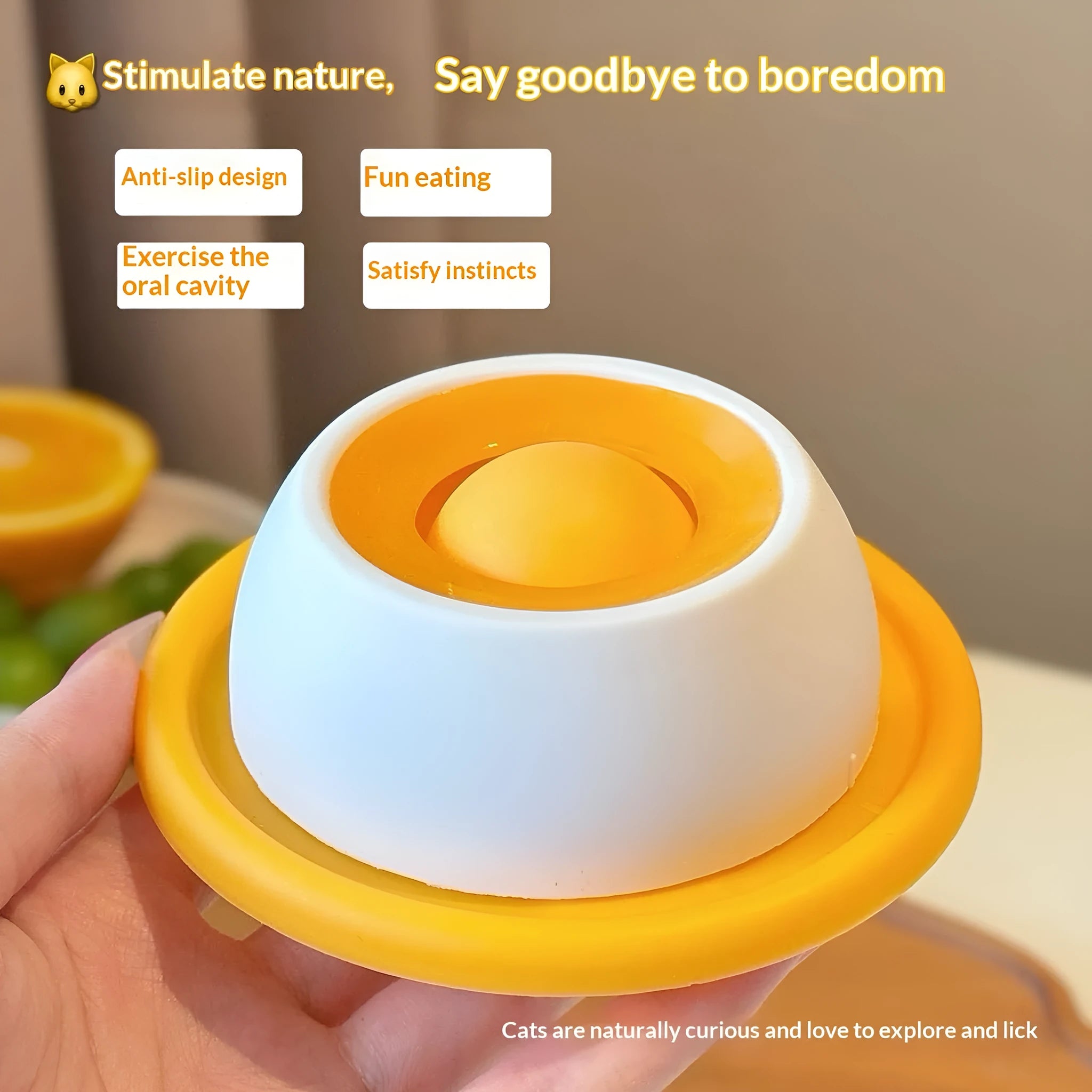 Anti-spill slow feeder cat toy in yellow, chew-resistant treat dispenser for boredom buster play