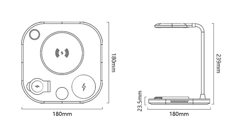 Black three-in-one wireless magnetic charging dock with desk lamp and USB port on a wooden desk.