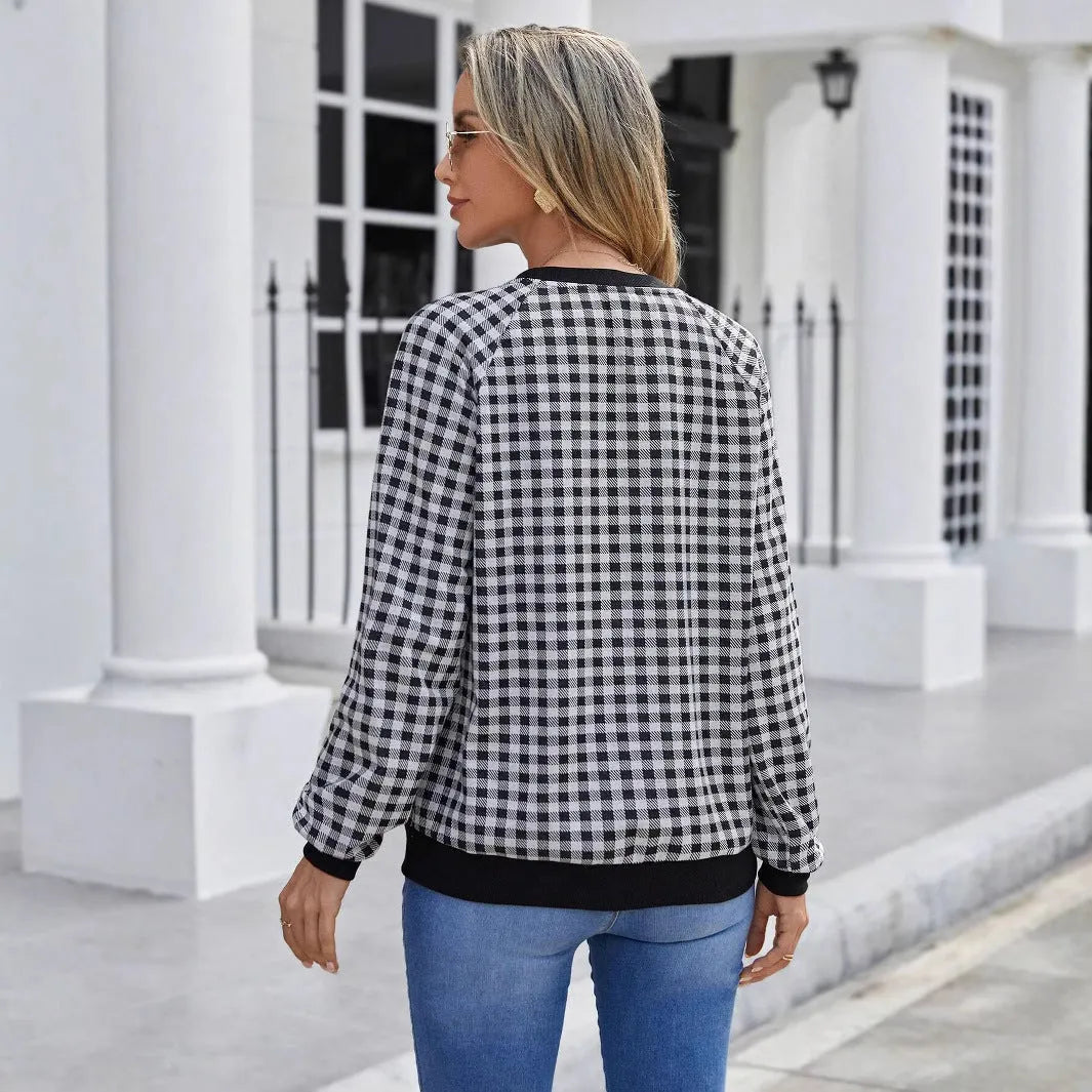 Black Japanese plaid pattern pullover sweater with long sleeves and printed stripes
