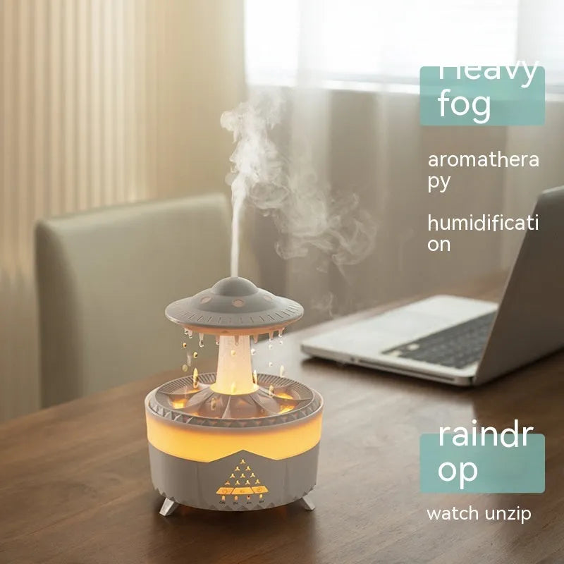 UFO-shaped cloud humidifier with rain drop sound and 7-colour night light