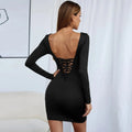 Black polyester lace-up front hollow out pencil skirt dress with mid-waist tie for women evening wear