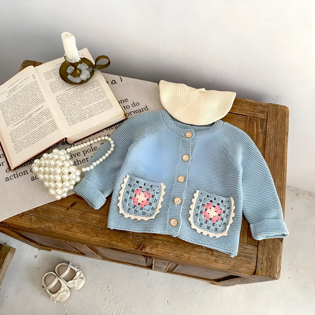 Children's Round Collar Sweater Cardigan Hand Crochet Hollow Flower Pocket Coat Smokey Blue Cotton Long Sleeve Cardigan for Girls Spring Autumn Single-Breasted Suitable Height 66-100cm Non-Hooded Trendy All-Matching Design