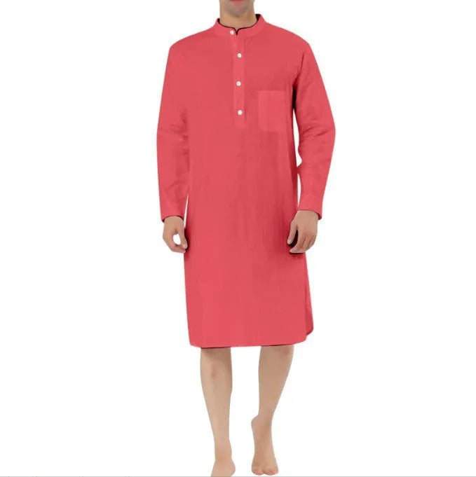 Men's cotton shirt robe in a shirt style with front pockets, shown in multiple colour options
