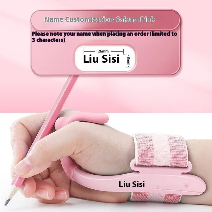 Blue anti-hook pen control corrector wrist brace on a child's hand holding a pencil.