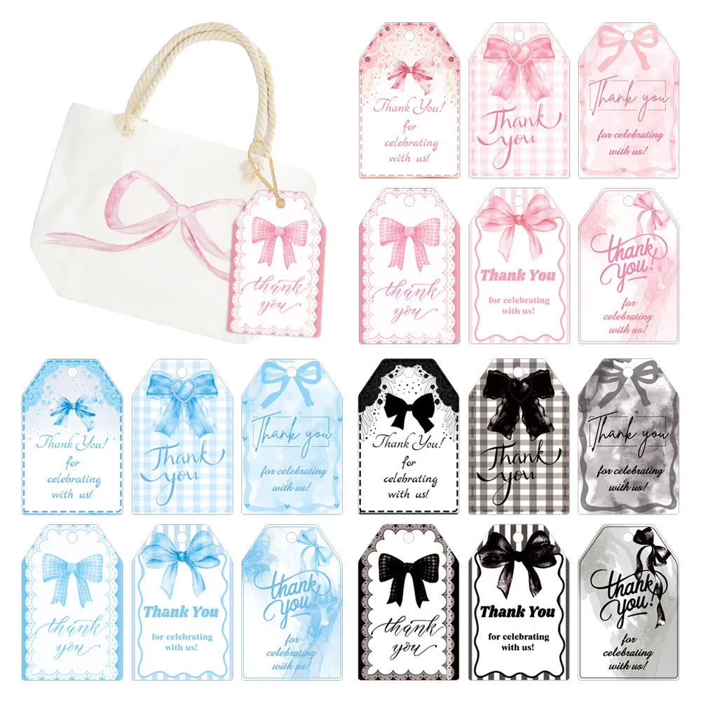 Set of 60 birthday gift tags with bowknot designs and natural hemp rope in three style variations