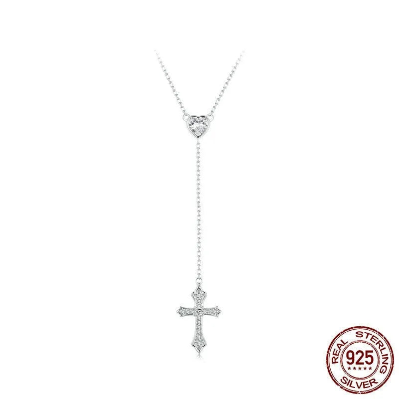 Silver Love Cross pendant necklace with O-ring chain on BSN384 colour background