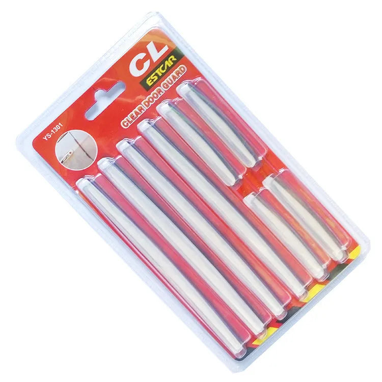 White plastic car door edge protection strip with adhesive backing, shown in packaging.