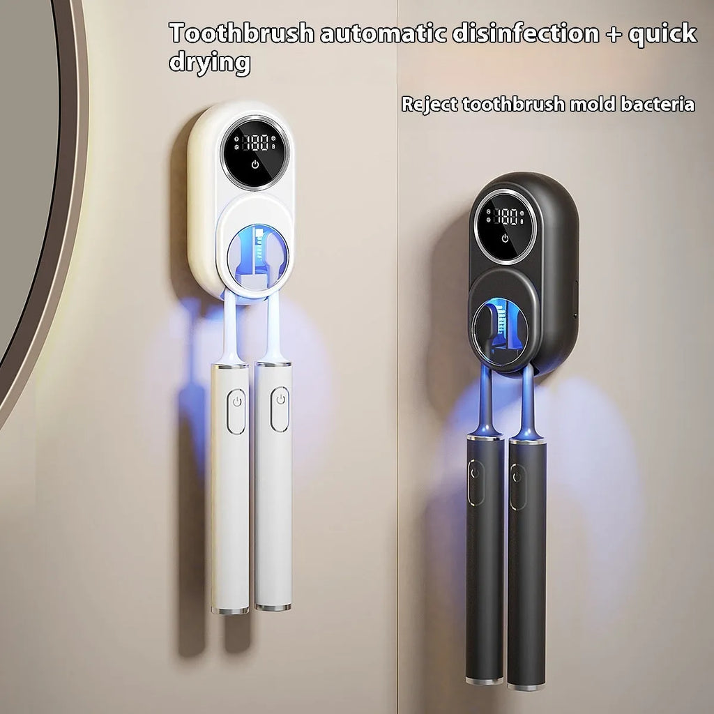 White intelligent electric wall rack with UV light for sterilising kitchen knives and utensils mounted above a sink.