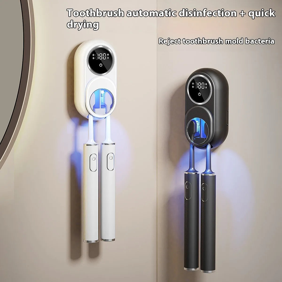 White intelligent electric wall rack with UV light for sterilising kitchen knives and utensils mounted above a sink.