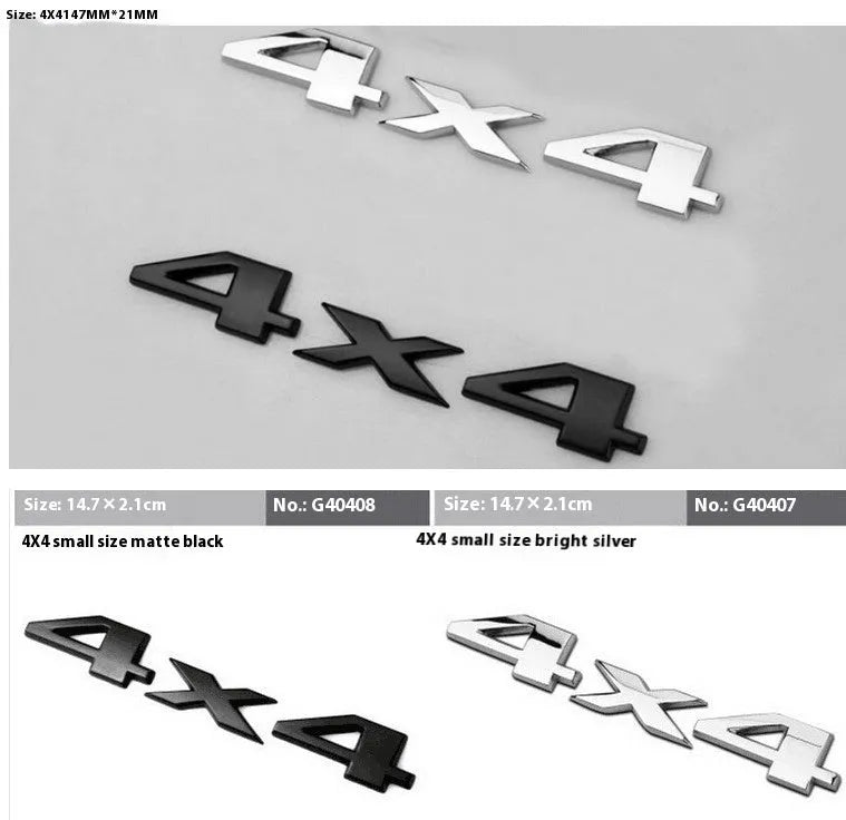 Metal 4x4 off-road rear car badge in electroplated silver finish measuring 9cm by 3.5cm