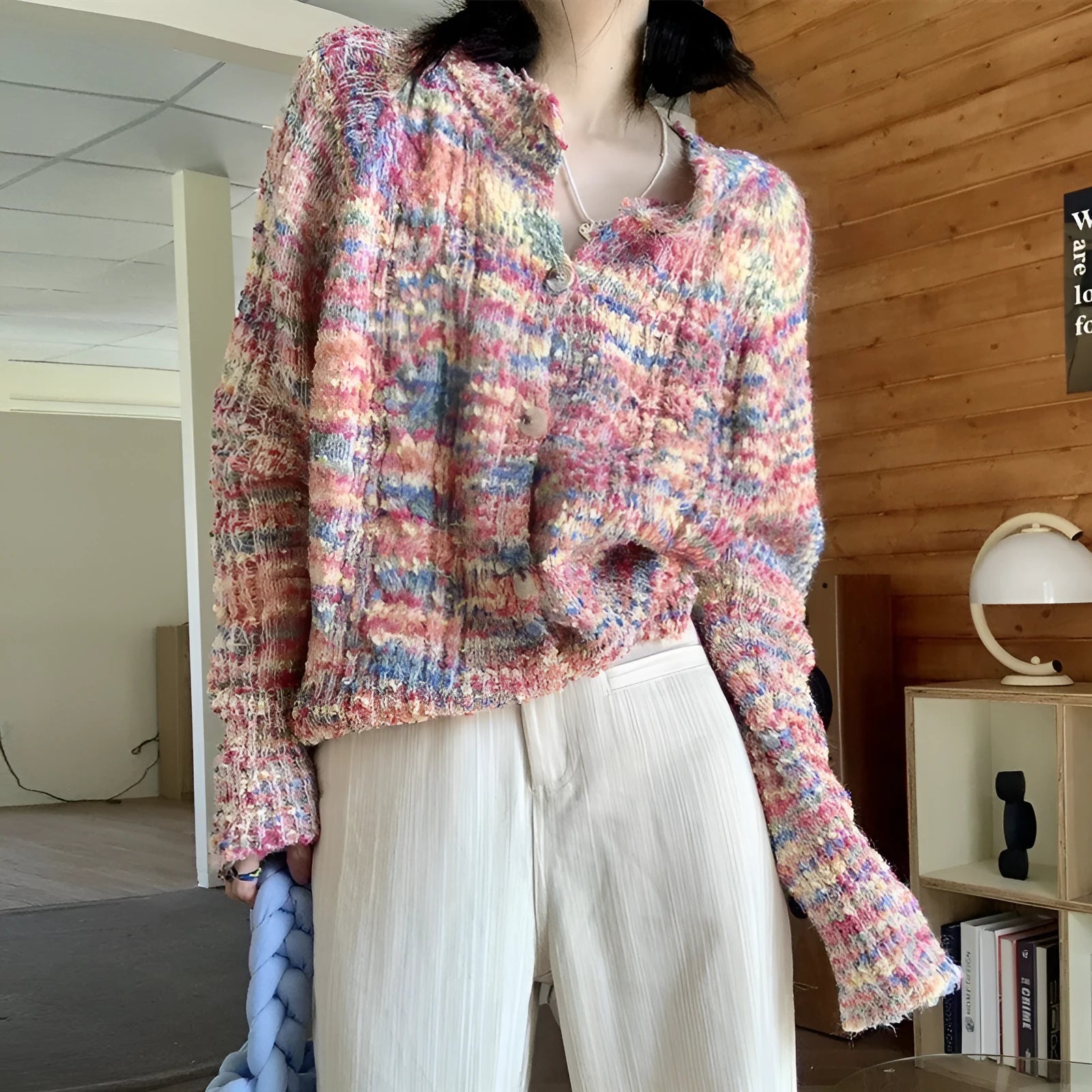 Retro slim fit knitted cardigan sweater in pink and green ice cream colours.