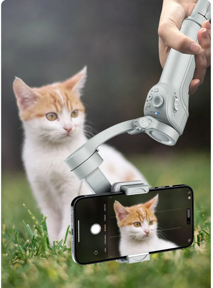 Grey hand-held three-axis anti-shake stabiliser with AI face tracking and fill light for short video shooting