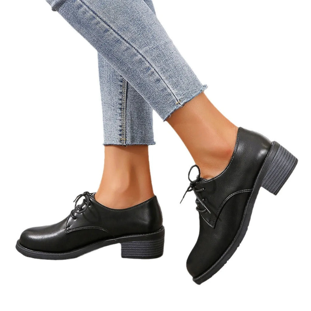 Black women's professional work shoes with thick heel and soft sole, low-top design
