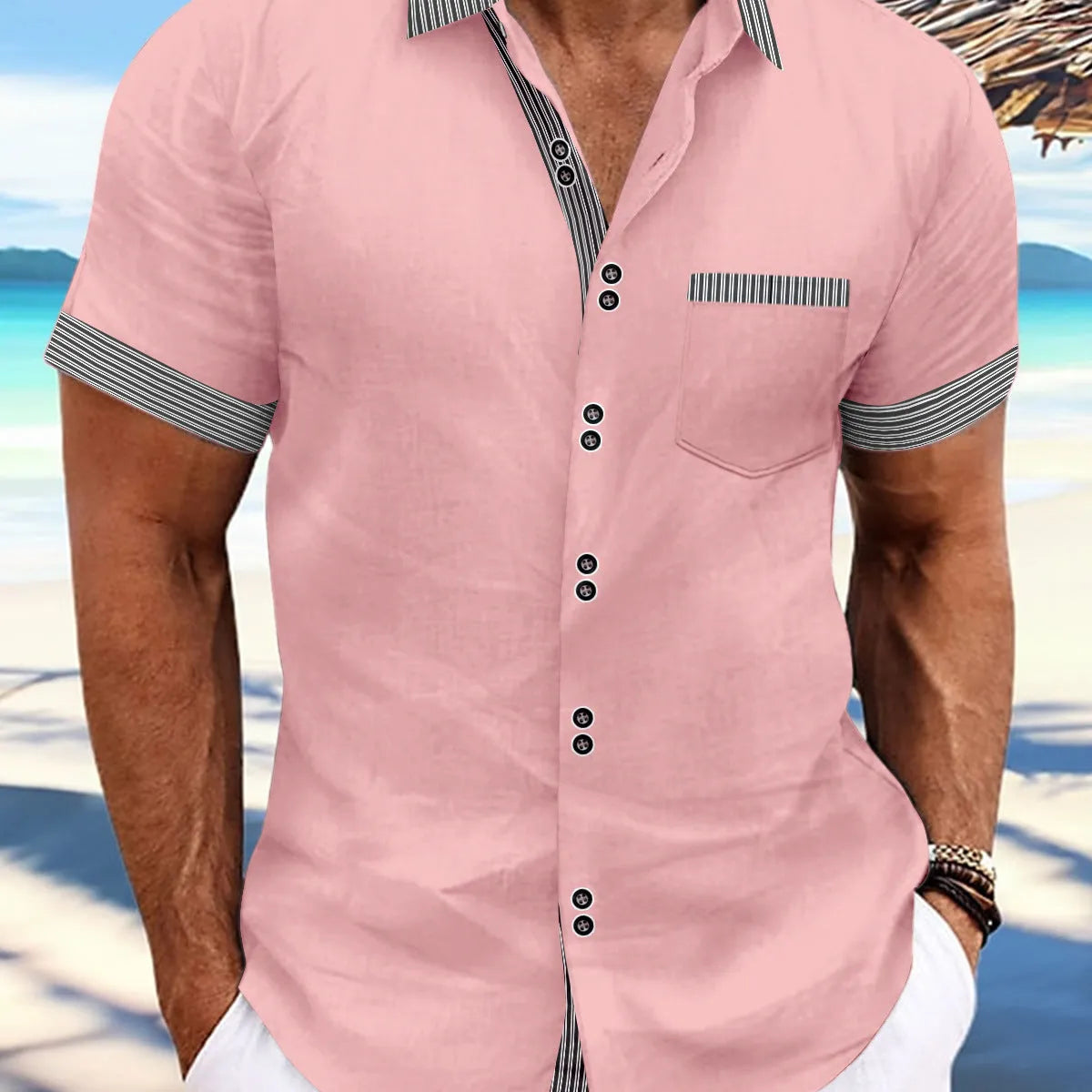 Slim fit striped casual shirt in pure cotton with double button short sleeves