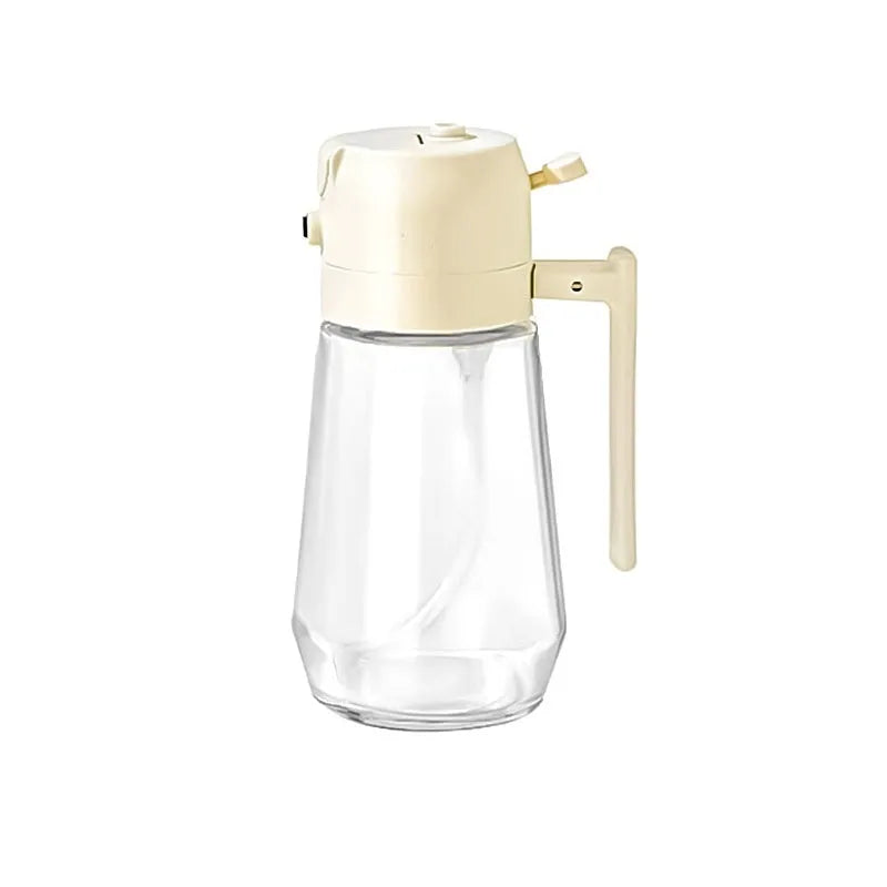 470ml glass oil sprayer and pour bottle in beige, black, green, and yellow colours with ergonomic handle