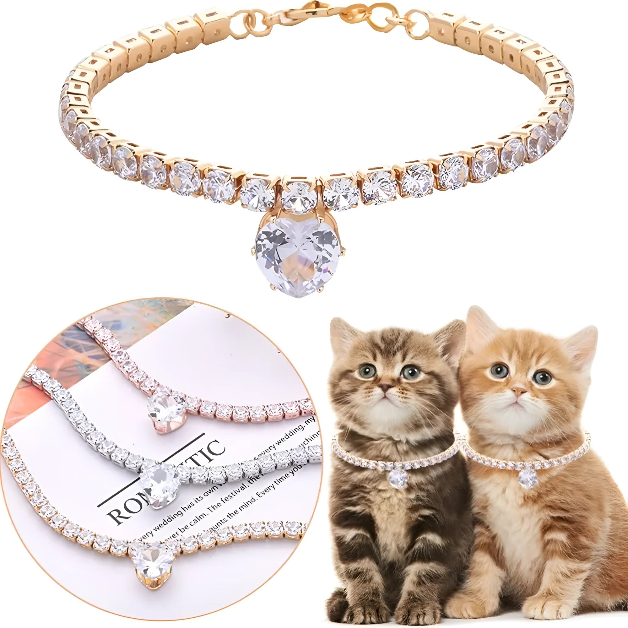 Gold rhinestone heart pet collar for dogs and cats with shiny metal and decorative stones