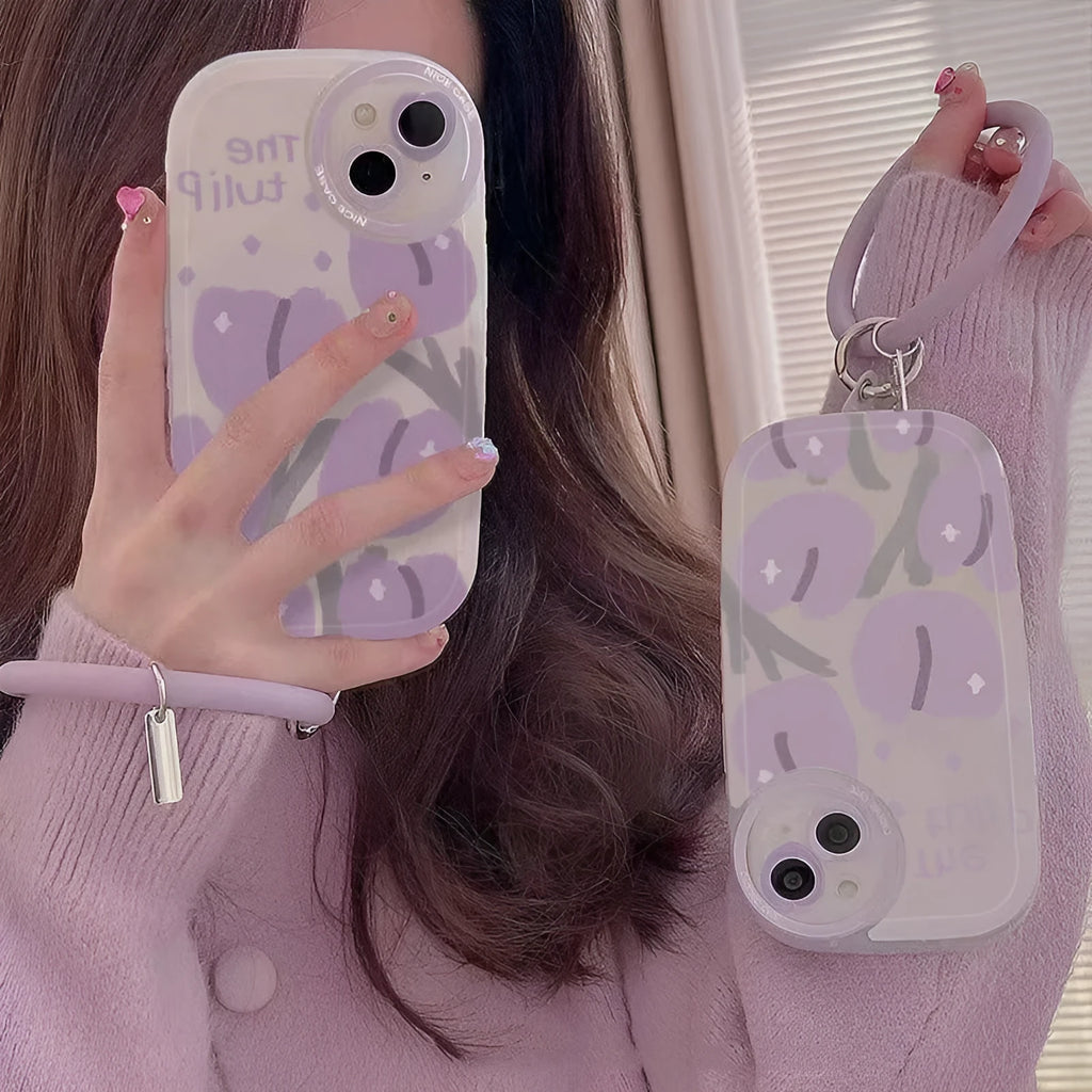 Purple tulip transparent phone case for iPhone with matching bracelet accessory