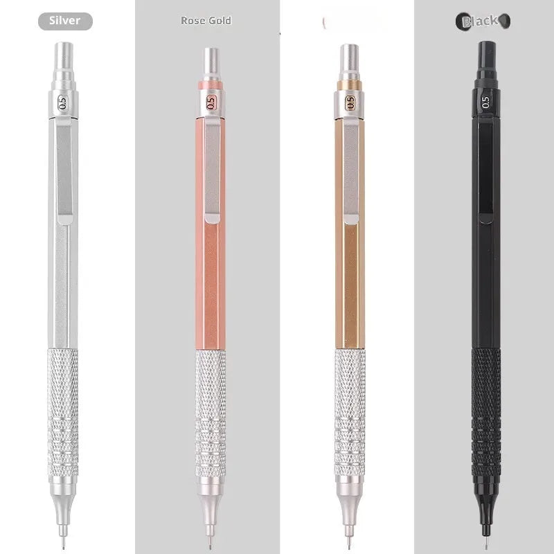 Low centre of gravity metal propelling pencil in black with metal barrel and visible tip