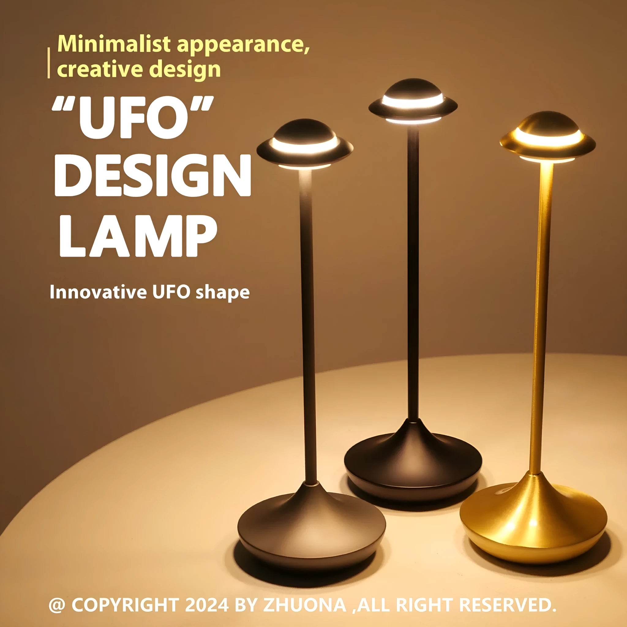 Modern gold UFO-shaped metal desk lamp with touch-sensitive base on a wooden table.
