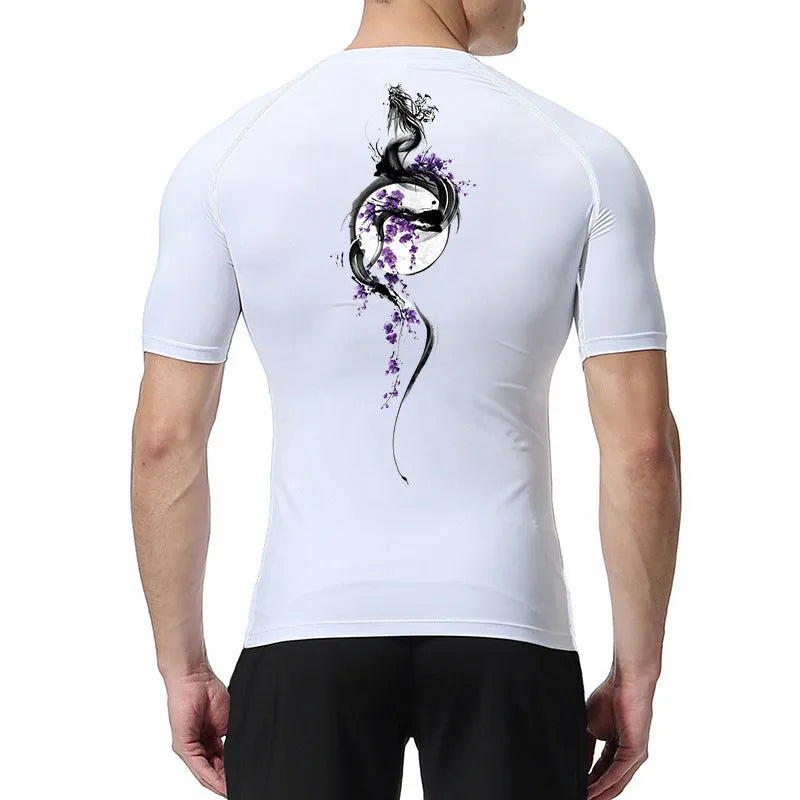 Men's short sleeve compression shirt with sword print pattern in loose pullover style