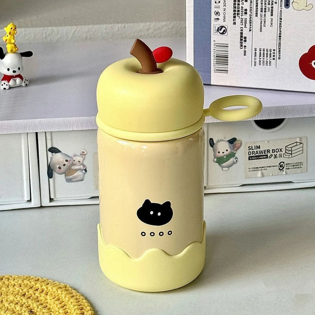 Children's cartoon thermal mug with 316 stainless steel liner, 300ml, silicone base pad, rope handle in yellow