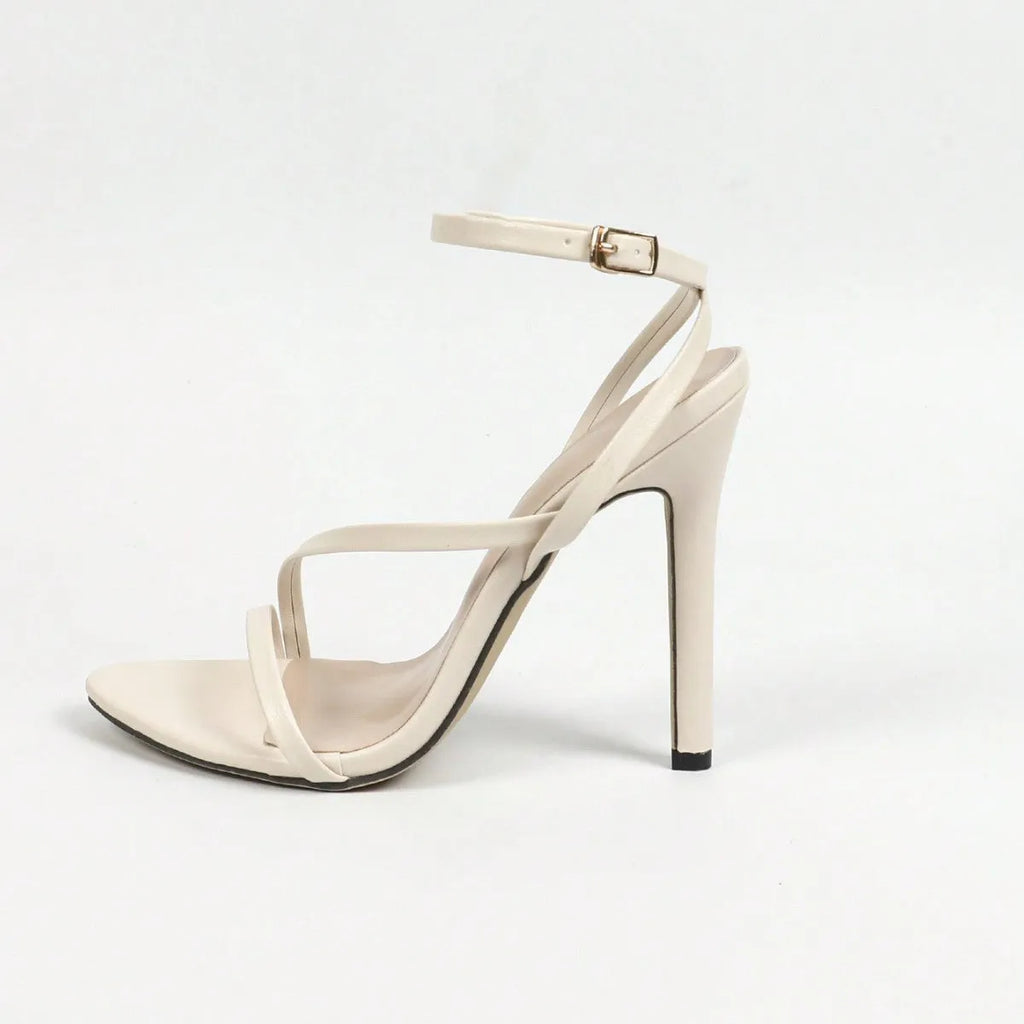 Women's gold high heels with multi-stripe cross ankle strap and round toe open toe design