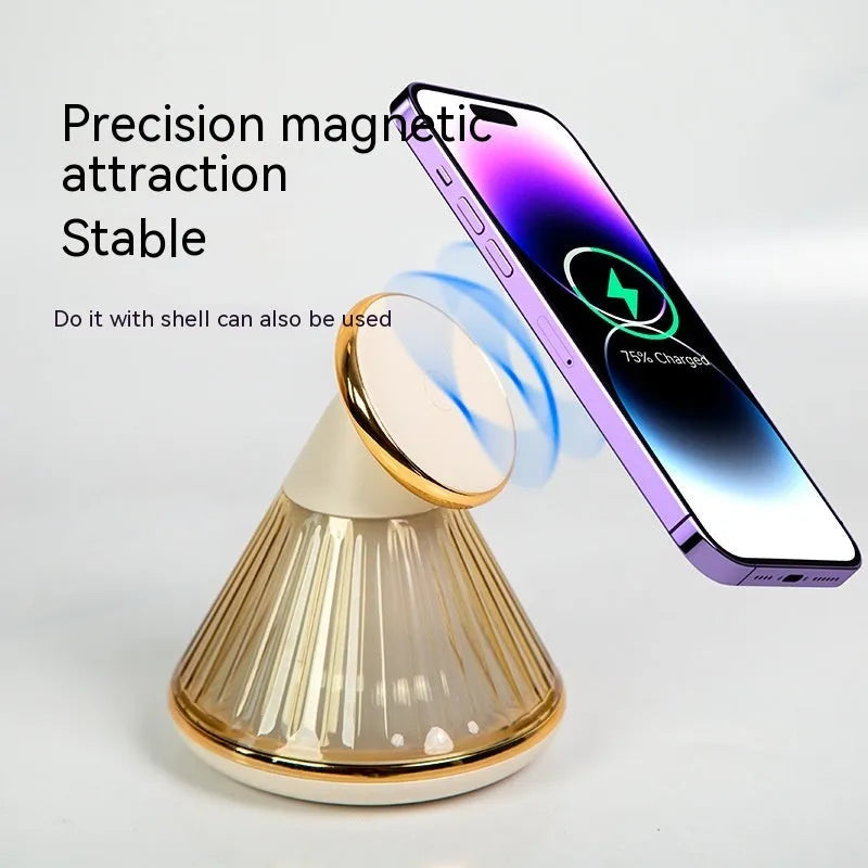 Wireless charging bedside lamp with magnetic charging seat in champagne gold or gun metal colours